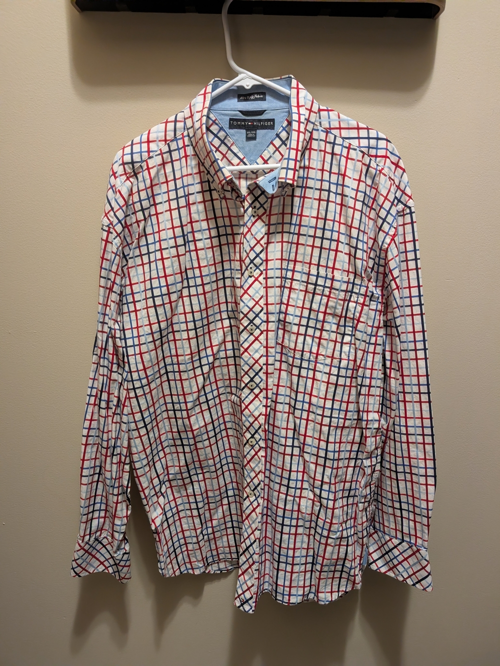 Tommy Hilfiger White Button-Down Shirt with Red & Blue Plaid